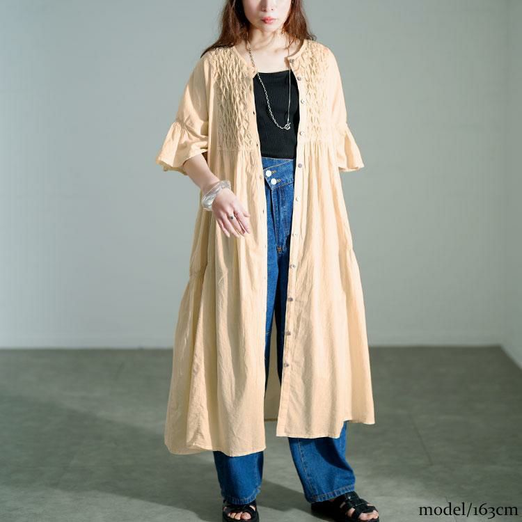 大きいサイズ レディース スモッキング刺繍ロングシャツワンピース　kt-25mi4 ベージュ