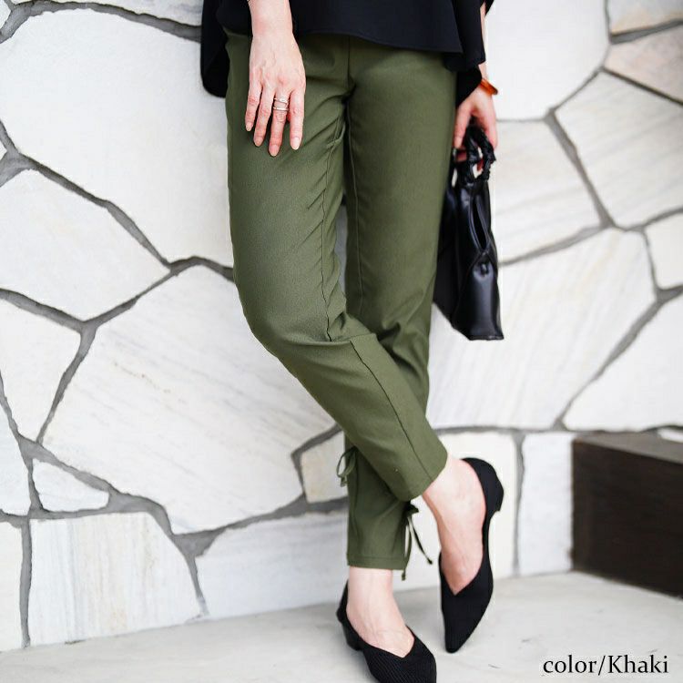 大きいサイズ レディース 裾スリットリボンストレッチスキニーパンツ　tog-1054 【メール便可】