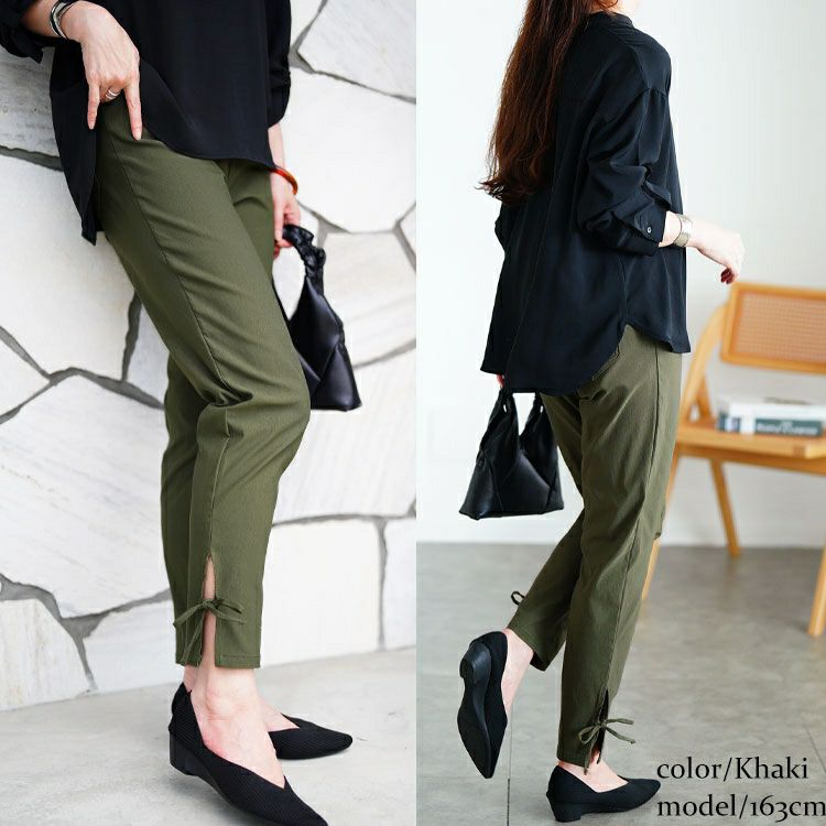 大きいサイズ レディース 裾スリットリボンストレッチスキニーパンツ　tog-1054 【メール便可】