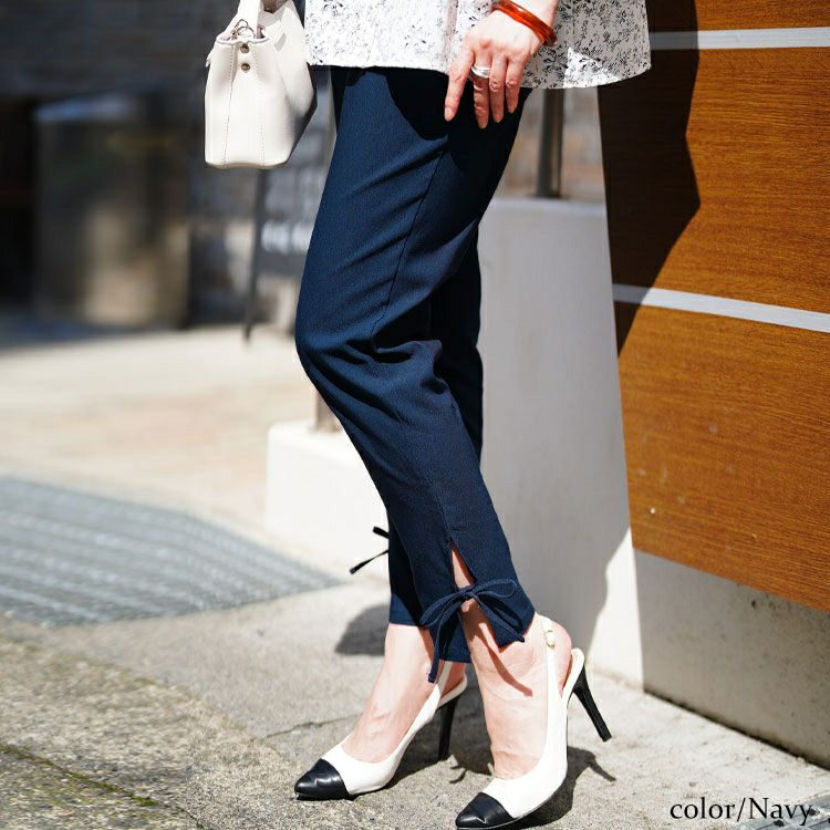 大きいサイズ レディース 裾スリットリボンストレッチスキニーパンツ　tog-1054 【メール便可】