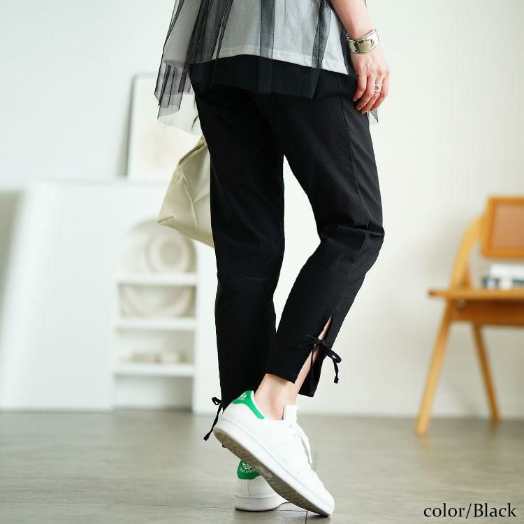 大きいサイズ レディース 裾スリットリボンストレッチスキニーパンツ　tog-1054 【メール便可】 ブラック