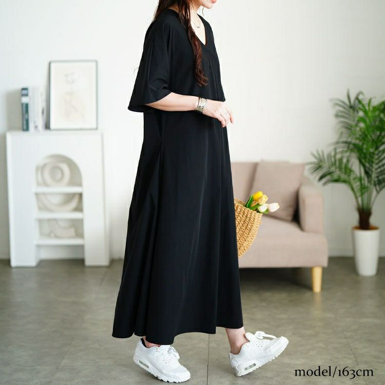 大きいサイズ レディース 深Vネック胸タックワンピース nw-25034