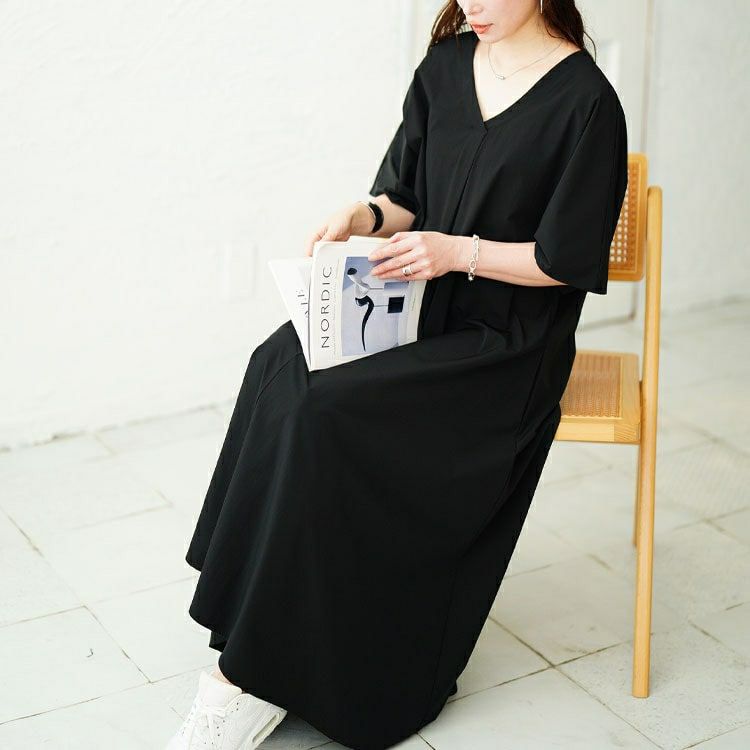 大きいサイズ レディース 深Vネック胸タックワンピース　nw-25034 【メール便可】