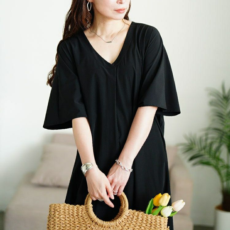 大きいサイズ レディース 深Vネック胸タックワンピース　nw-25034 【メール便可】