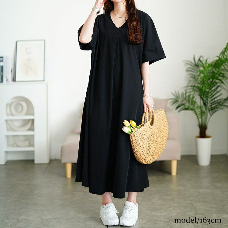大きいサイズ レディース 深Vネック胸タックワンピース　nw-25034 【メール便可】