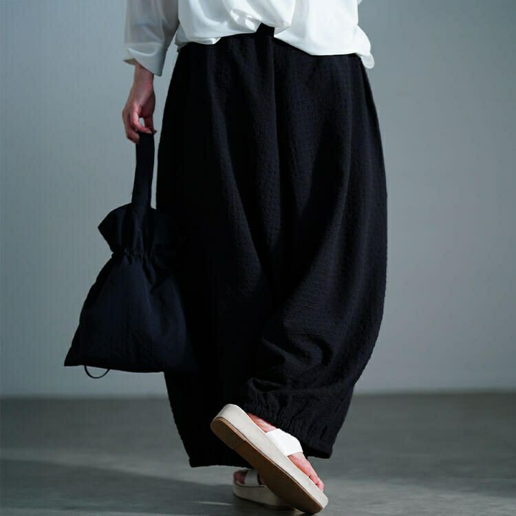 大きいサイズ レディース サッカー裾ギャザーワイドパンツ　nw-25033