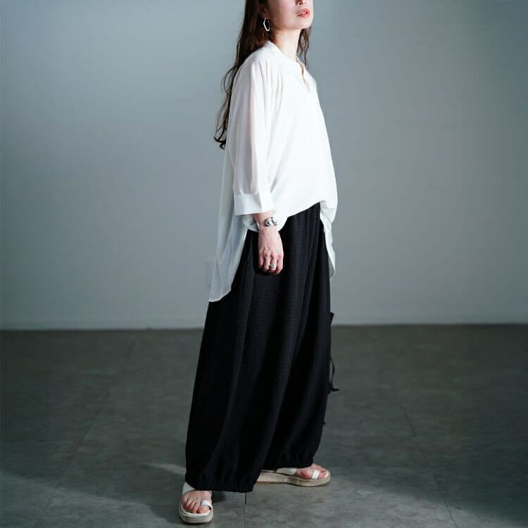 大きいサイズ レディース サッカー裾ギャザーワイドパンツ　nw-25033