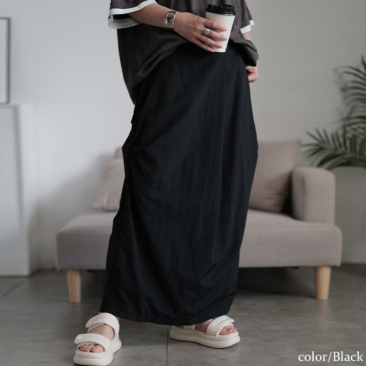 大きいサイズ レディース フロントタックナイロンナロースカート　nw-25031 【メール便可】 ブラック