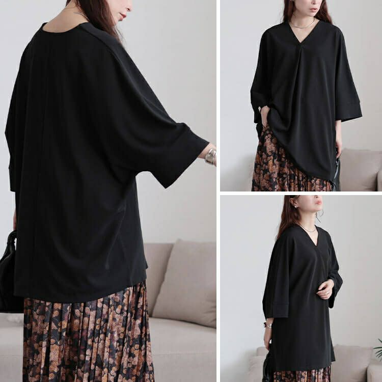 大きいサイズ レディース 接触冷感Vネック胸タックチュニック　nw-25027