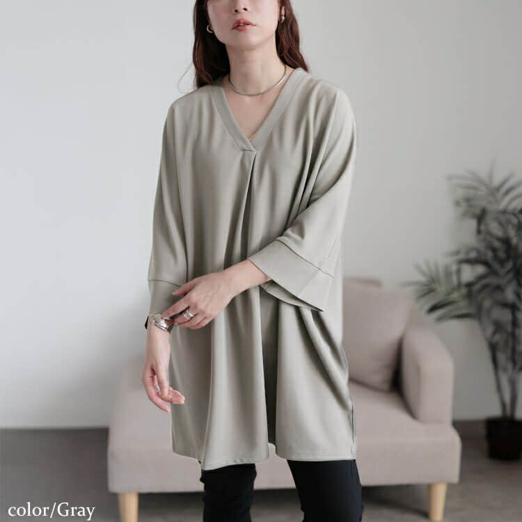大きいサイズ レディース 接触冷感Vネック胸タックチュニック　nw-25027