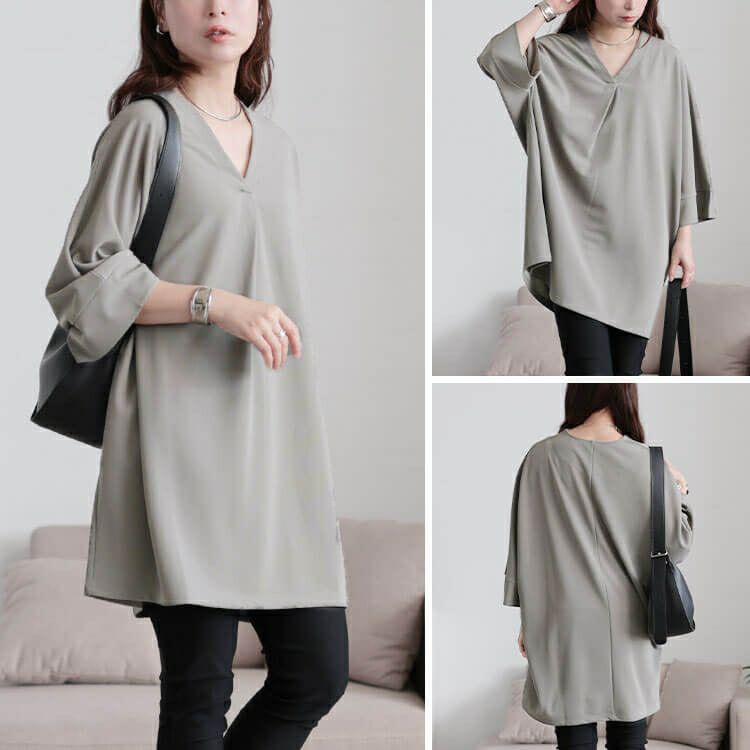 大きいサイズ レディース 接触冷感Vネック胸タックチュニック　nw-25027
