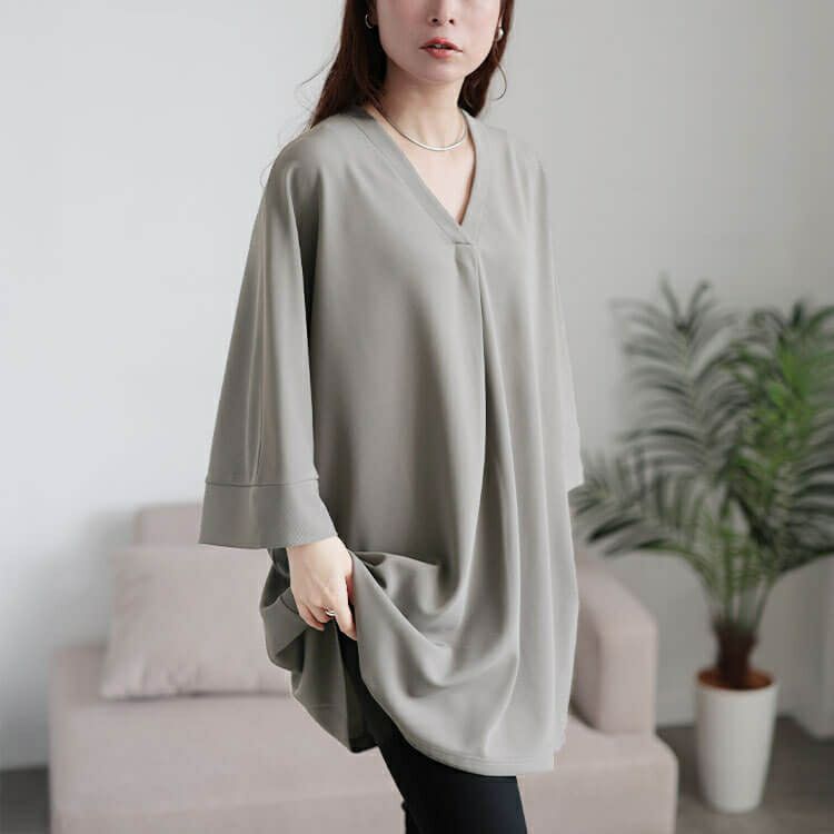 大きいサイズ レディース 接触冷感Vネック胸タックチュニック　nw-25027