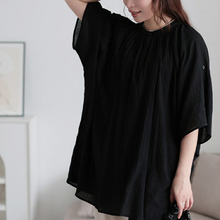 大きいサイズ レディース バンドカラー袖ドロストコットンチュニック　sw-0782 【メール便可】