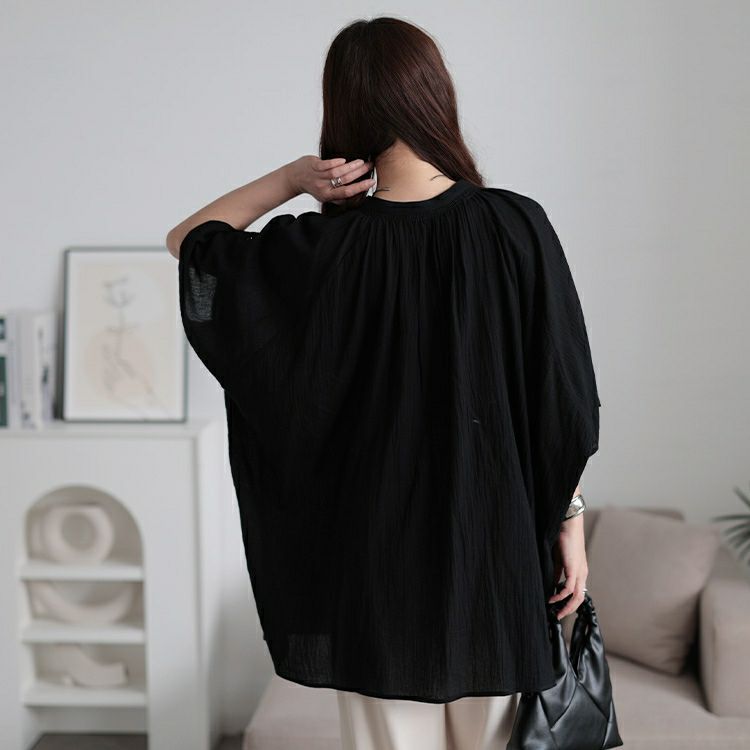 大きいサイズ レディース バンドカラー袖ドロストコットンチュニック　sw-0782 【メール便可】