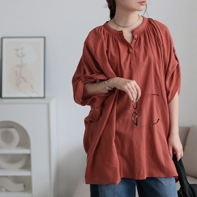 大きいサイズ レディース バンドカラー袖ドロストコットンチュニック　sw-0782 【メール便可】