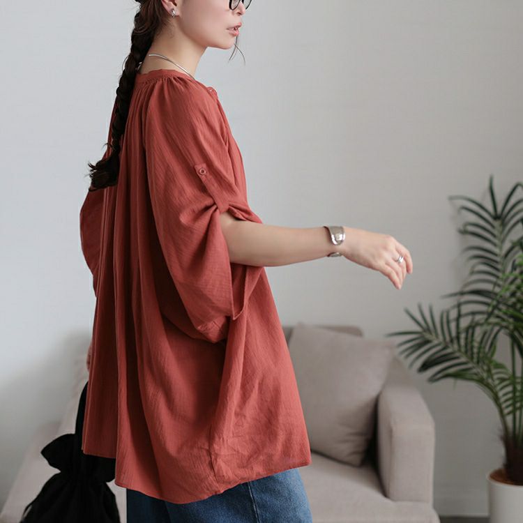 大きいサイズ レディース バンドカラー袖ドロストコットンチュニック　sw-0782 【メール便可】