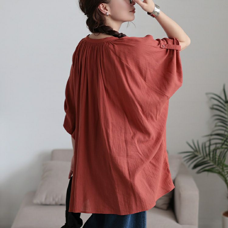 大きいサイズ レディース バンドカラー袖ドロストコットンチュニック　sw-0782 【メール便可】