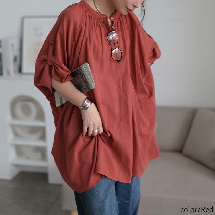 大きいサイズ レディース バンドカラー袖ドロストコットンチュニック　sw-0782 【メール便可】 レッド