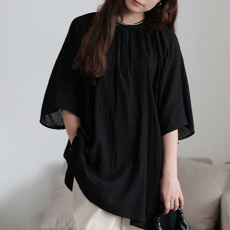 大きいサイズ レディース バンドカラー袖ドロストコットンチュニック　sw-0782 【メール便可】 ブラック