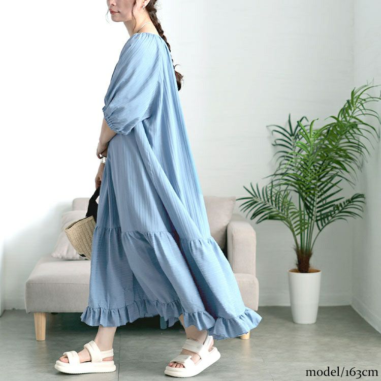 大きいサイズ レディース ストライプドビーティアードフリルワンピース　maru-30170