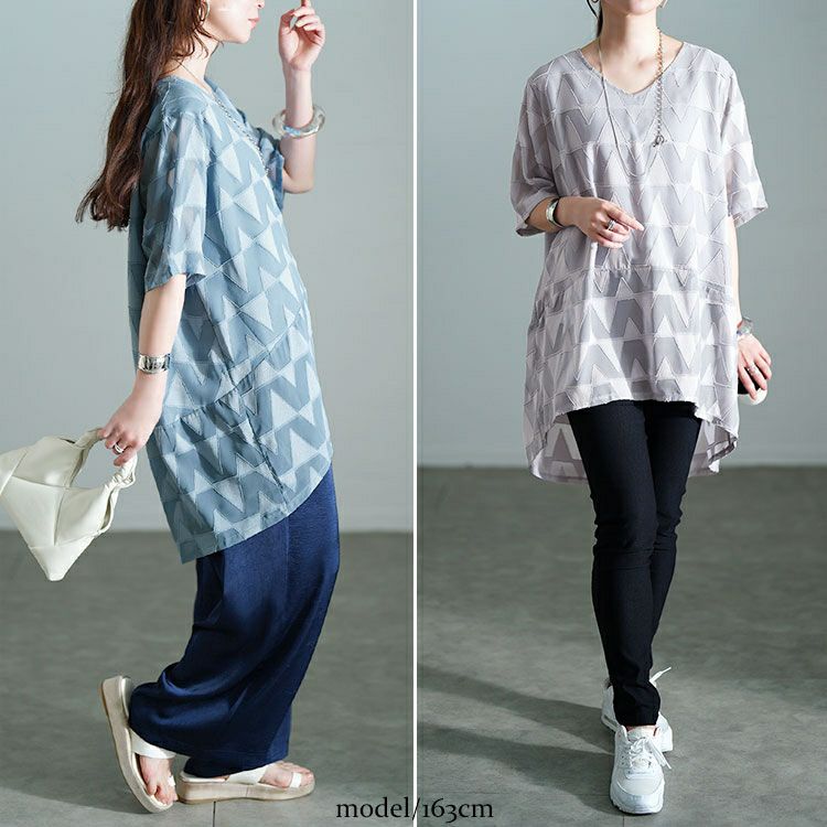 大きいサイズ レディース 幾何学柄Vネックコクーンチュニック　maru-30168 【メール便可】