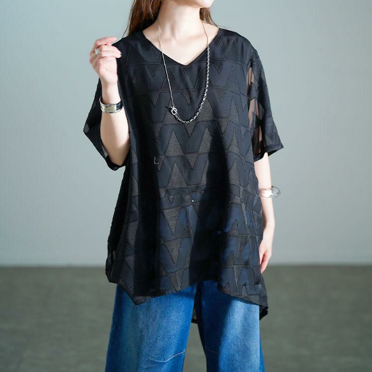大きいサイズ レディース 幾何学柄Vネックコクーンチュニック　maru-30168 【メール便可】 ブラック