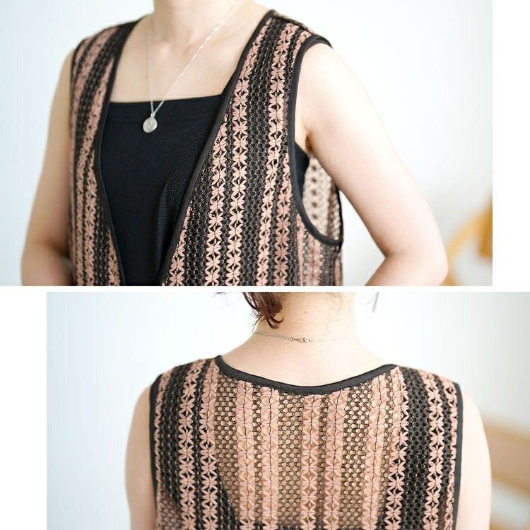 大きいサイズ レディース クロッシェ編みツートンレースロングジレ　maru-30157