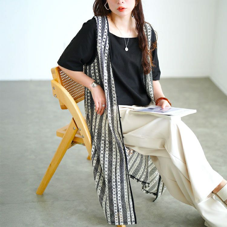 大きいサイズ レディース クロッシェ編みツートンレースロングジレ　maru-30157