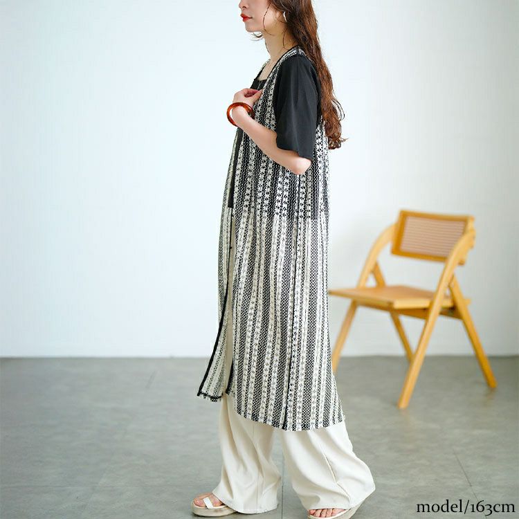 大きいサイズ レディース クロッシェ編みツートンレースロングジレ　maru-30157