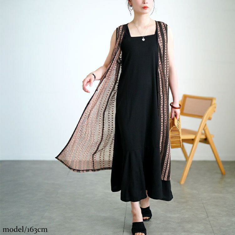 大きいサイズ レディース クロッシェ編みツートンレースロングジレ　maru-30157