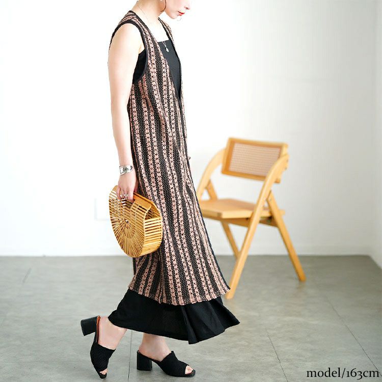 大きいサイズ レディース クロッシェ編みツートンレースロングジレ　maru-30157