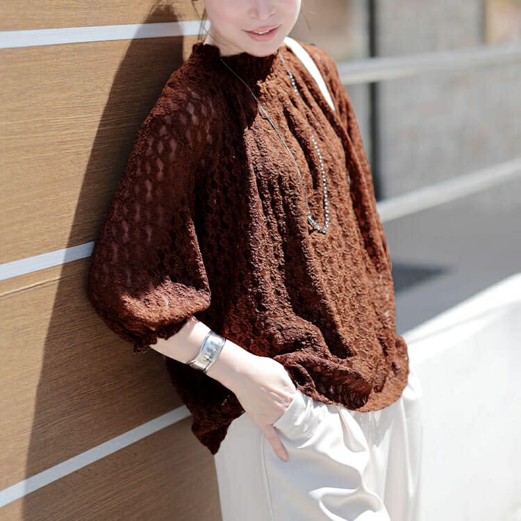 大きいサイズ レディース ストレッチレースハイネックプルオーバー　maru-30156 【メール便可】