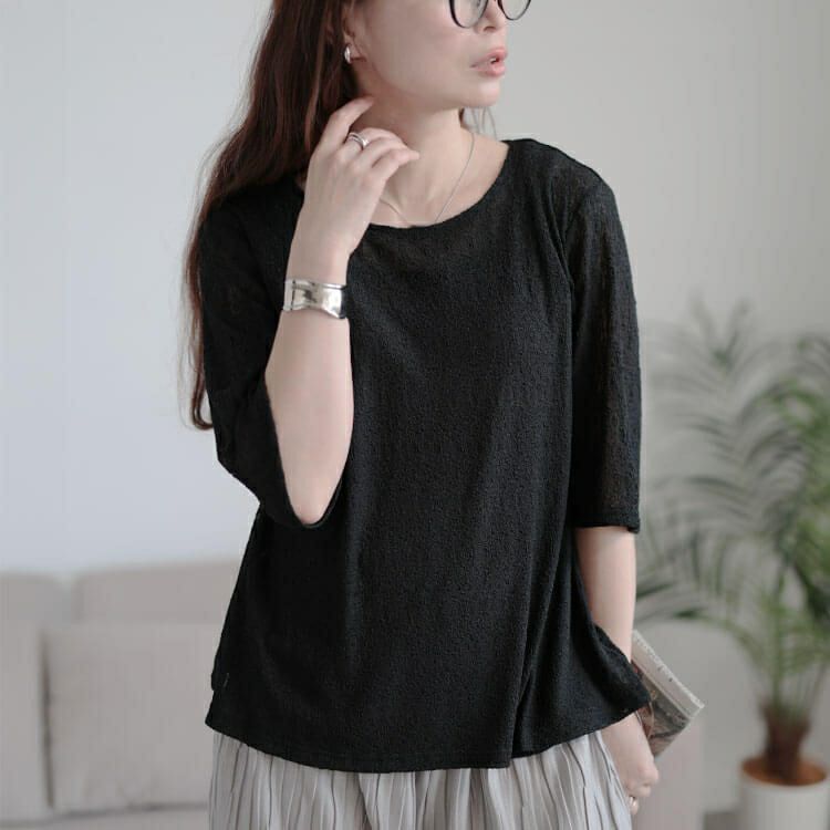 大きいサイズ レディース ストレッチレースクルーネックプルオーバー　maru-30155 【メール便可】