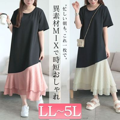 大きいサイズ レディース 異素材ドッキングロングワンピース　goldy-1706
