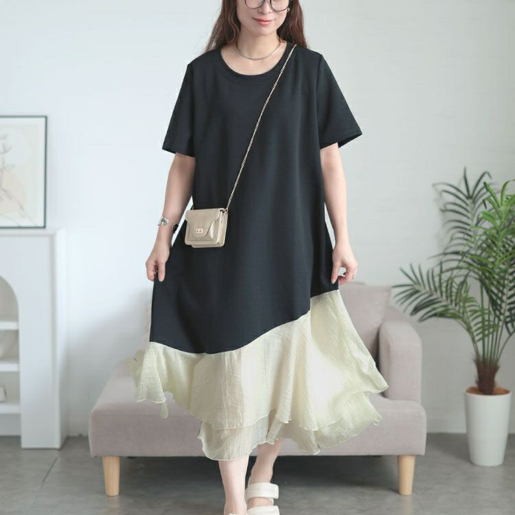 大きいサイズ レディース 異素材ドッキングロングワンピース　goldy-1706