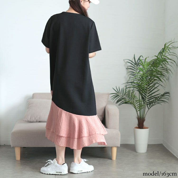 大きいサイズ レディース 異素材ドッキングロングワンピース　goldy-1706