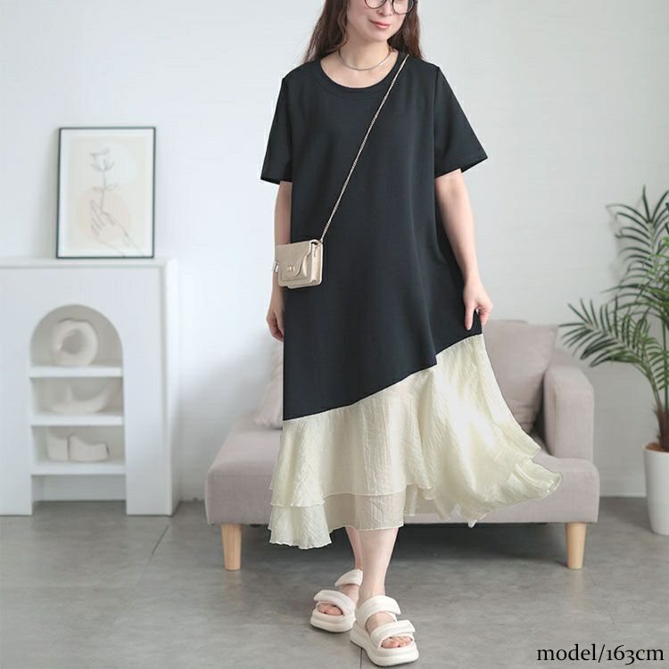 大きいサイズ レディース 異素材ドッキングロングワンピース　goldy-1706