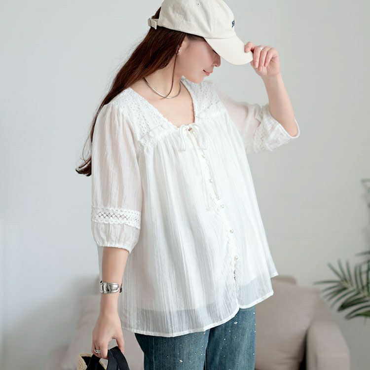 大きいサイズ レディース 刺繍レースリボンブラウス　goldy-1705【メール便可】