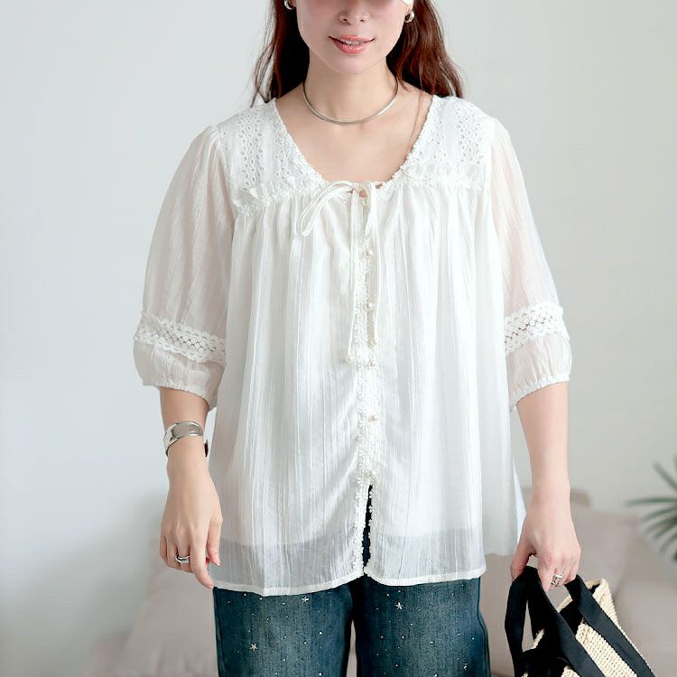 大きいサイズ レディース 刺繍レースリボンブラウス　goldy-1705【メール便可】