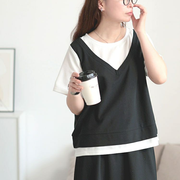 大きいサイズ レディース フェイクレイヤードTシャツ＆スウェットスカートセット　goldy-1704