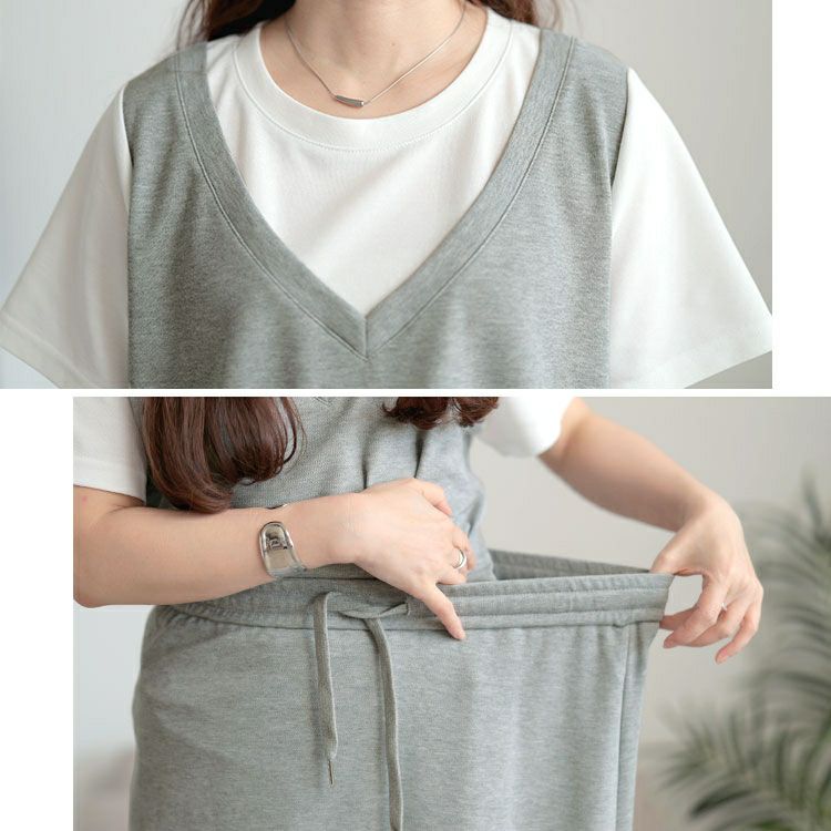 大きいサイズ レディース フェイクレイヤードTシャツ＆スウェットスカートセット　goldy-1704