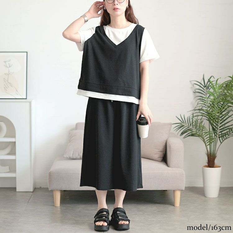 大きいサイズ レディース フェイクレイヤードTシャツ＆スウェットスカートセット　goldy-1704