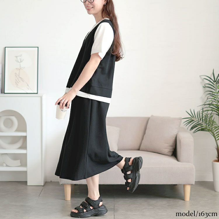 大きいサイズ レディース フェイクレイヤードTシャツ＆スウェットスカートセット　goldy-1704