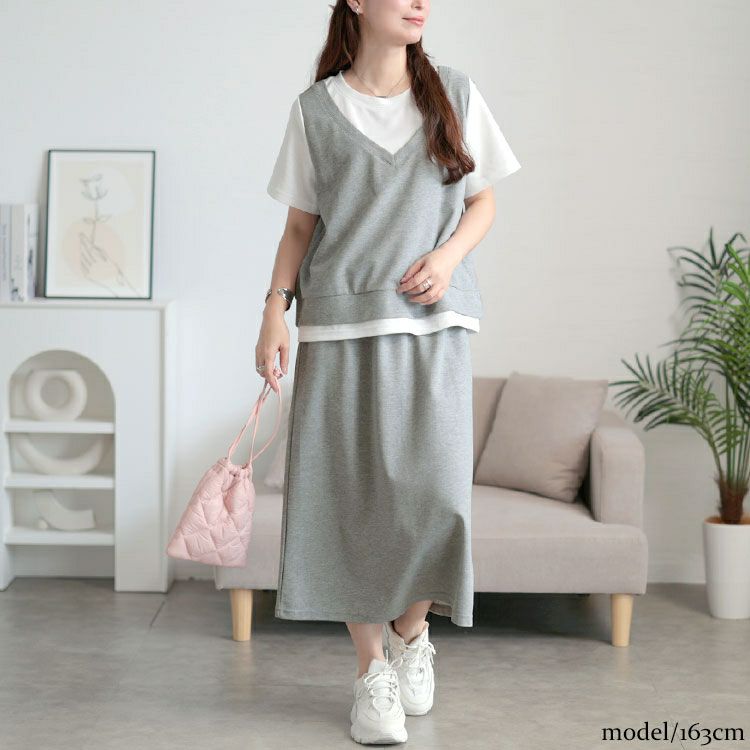 大きいサイズ レディース フェイクレイヤードTシャツ＆スウェットスカートセット　goldy-1704