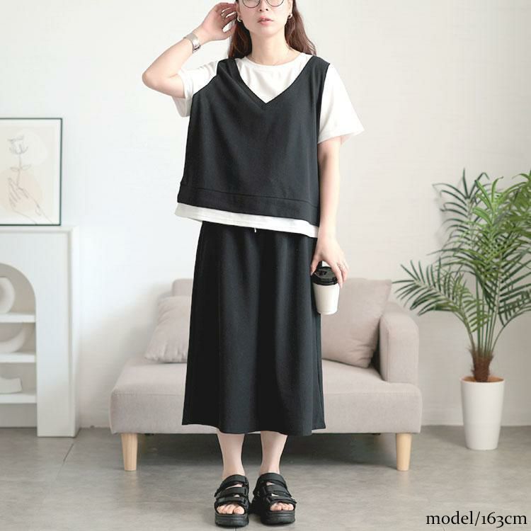 大きいサイズ レディース フェイクレイヤードTシャツ＆スウェットスカートセット　goldy-1704 ブラック