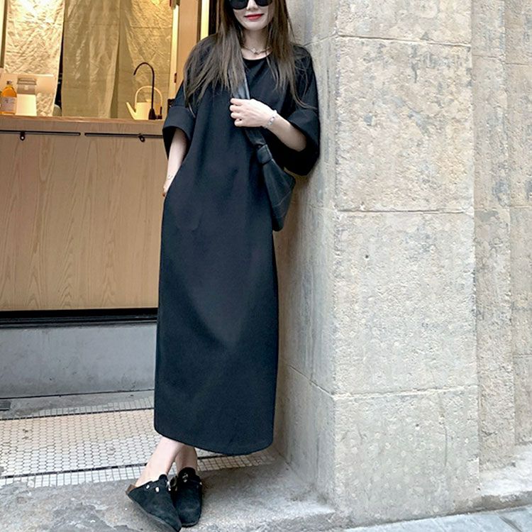 大きいサイズ レディース フレア袖バックスリットロングワンピース　goldy-1700