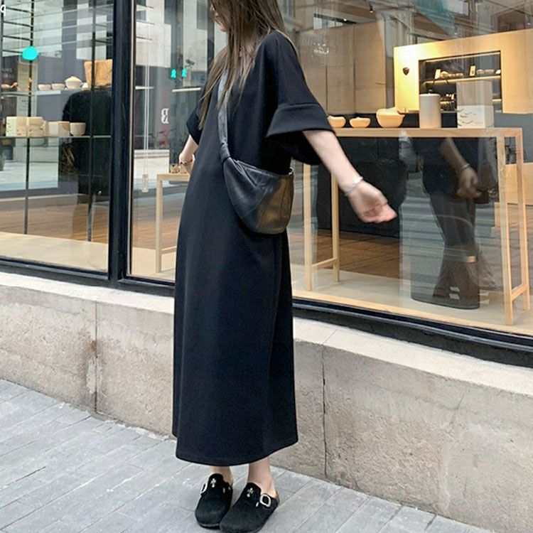 大きいサイズ レディース フレア袖バックスリットロングワンピース　goldy-1700