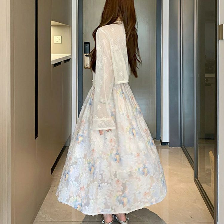 大きいサイズ レディース メッシュレース長袖カーディガン＆パステルカラーキャミワンピースセット　goldy-1699