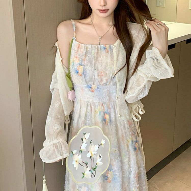 大きいサイズ レディース メッシュレース長袖カーディガン＆パステルカラーキャミワンピースセット　goldy-1699