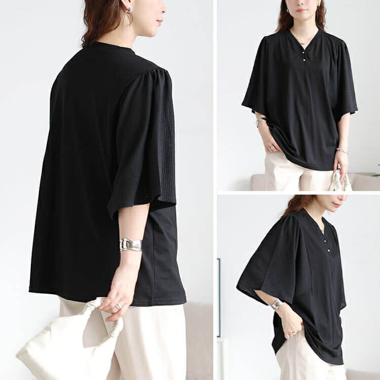 大きいサイズ レディース 袖異素材切り替えVネックプルオーバー　tog-1055 【メール便可】